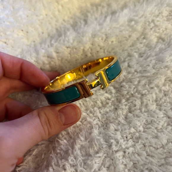 Hermes H Chic Gold and Teal Enamel Bracelet - Picture 2 of 5